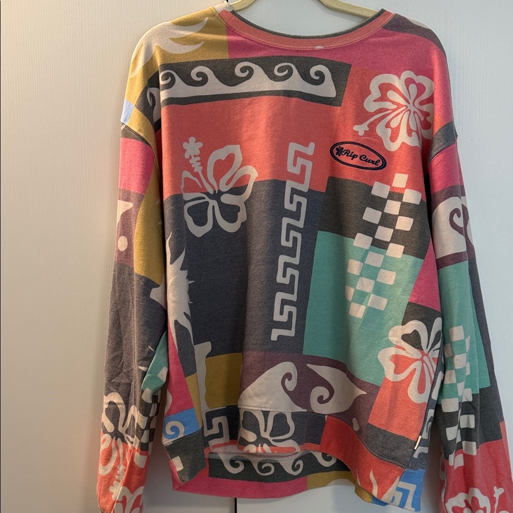 Rip Curl Patchwork Graphic Crew Sweatshirt XXL Colorful Boho Festival Oversized